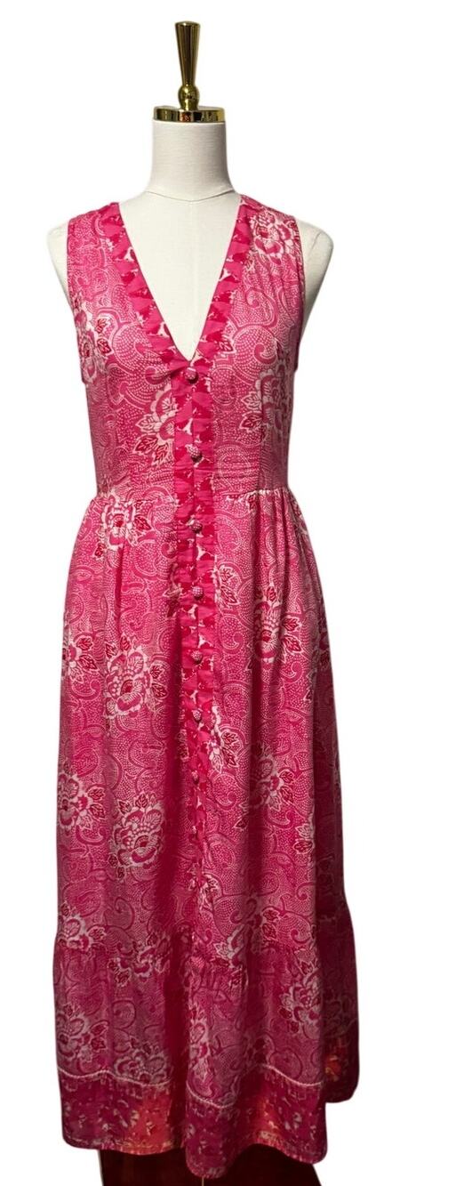 Bell Pink Floral Cotton Silk V-Neck Button Front Sleeveless Maxi Dress Size M